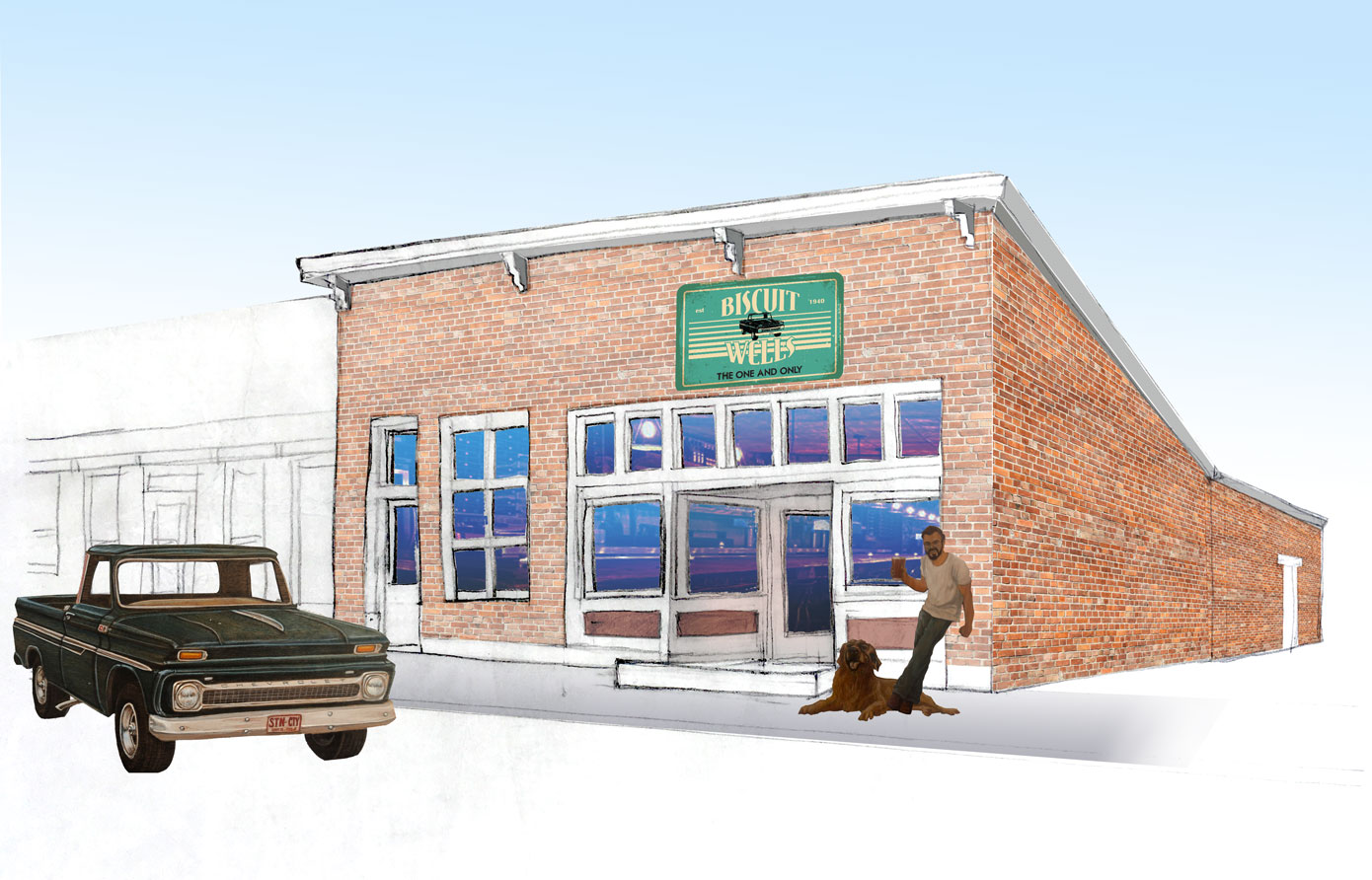 Biscuit Wells image with truck, brick building, dog, and man holding a beer